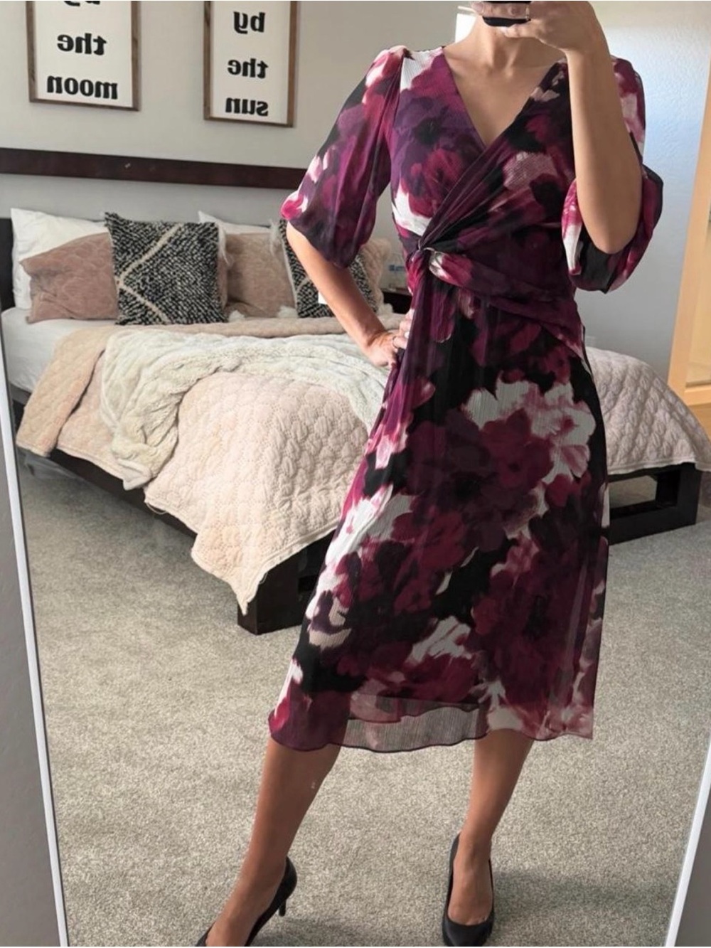 DKNY Floral Wrap Midi Dress in Burgundy and Black Size 2